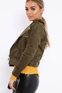 Rebellious Fashion Khaki Suede Biker Jacket - Anja