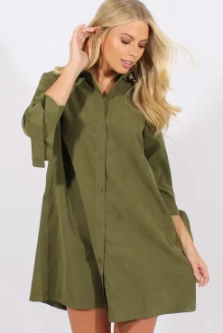 Rebellious Fashion Khaki Suede Tie Cuff Oversized Shirt Dress - Deborah