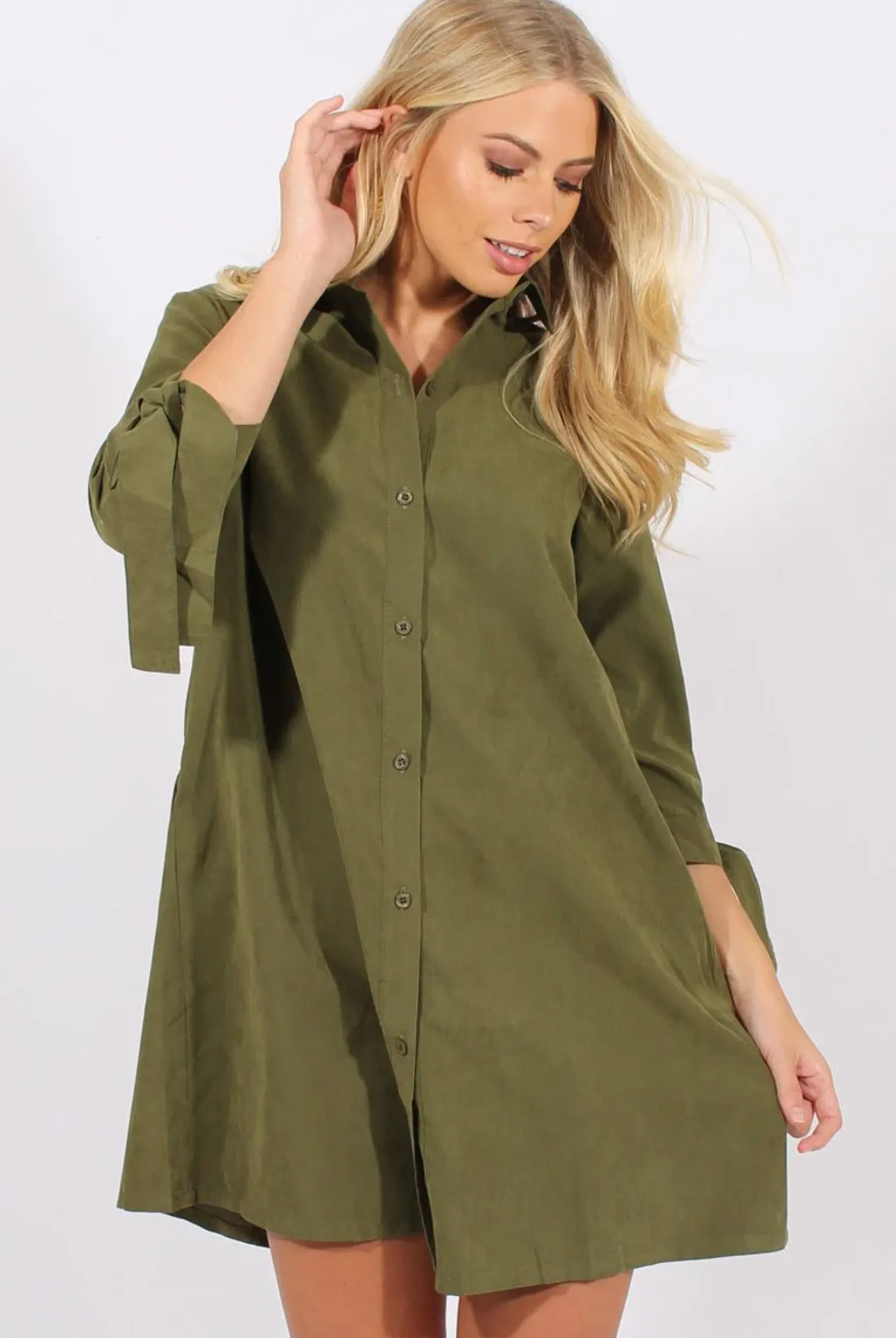 Rebellious Fashion Khaki Suede Tie Cuff Oversized Shirt Dress - Deborah