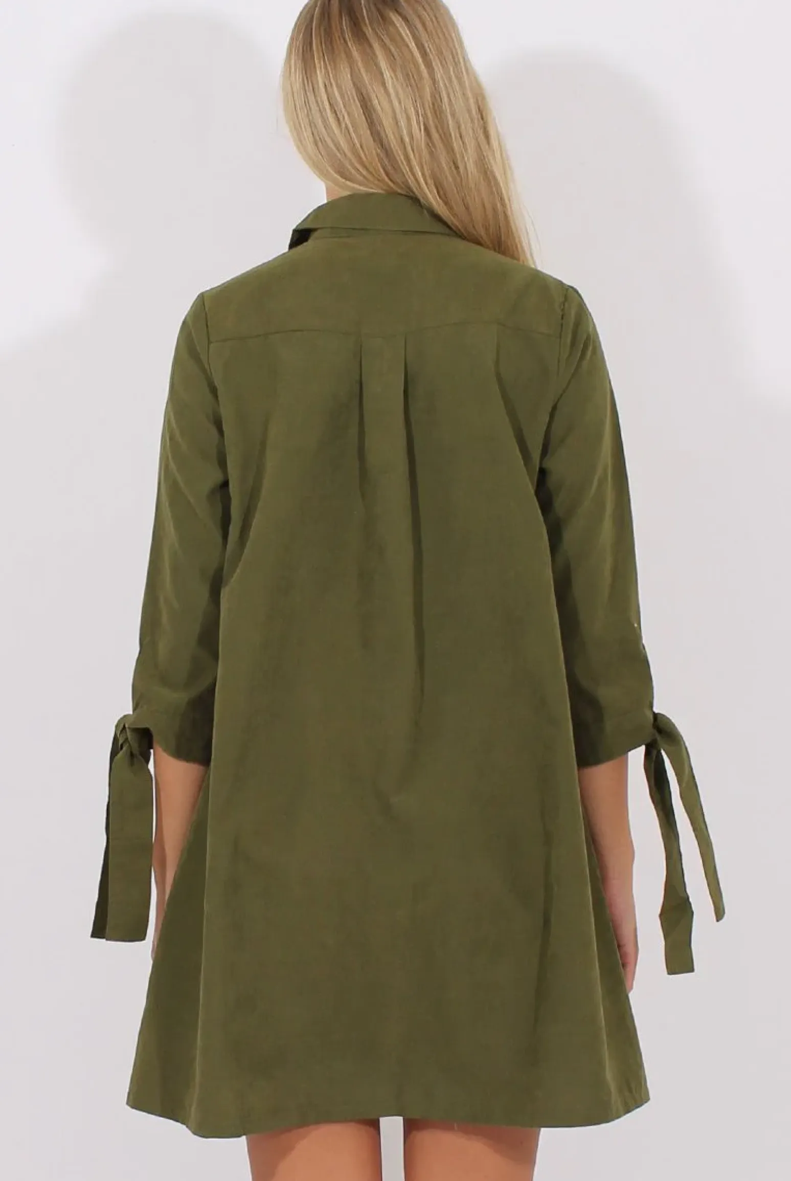 Rebellious Fashion Khaki Suede Tie Cuff Oversized Shirt Dress - Deborah