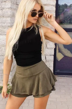 Rebellious Fashion Khaki Suedette Frill High Waisted Shorts - Claudelle