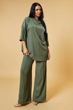Rebellious Fashion Khaki Textured Knit Trousers & Oversized Top Co-ord Set - Cecelia