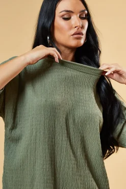 Rebellious Fashion Khaki Textured Knit Trousers & Oversized Top Co-ord Set - Cecelia