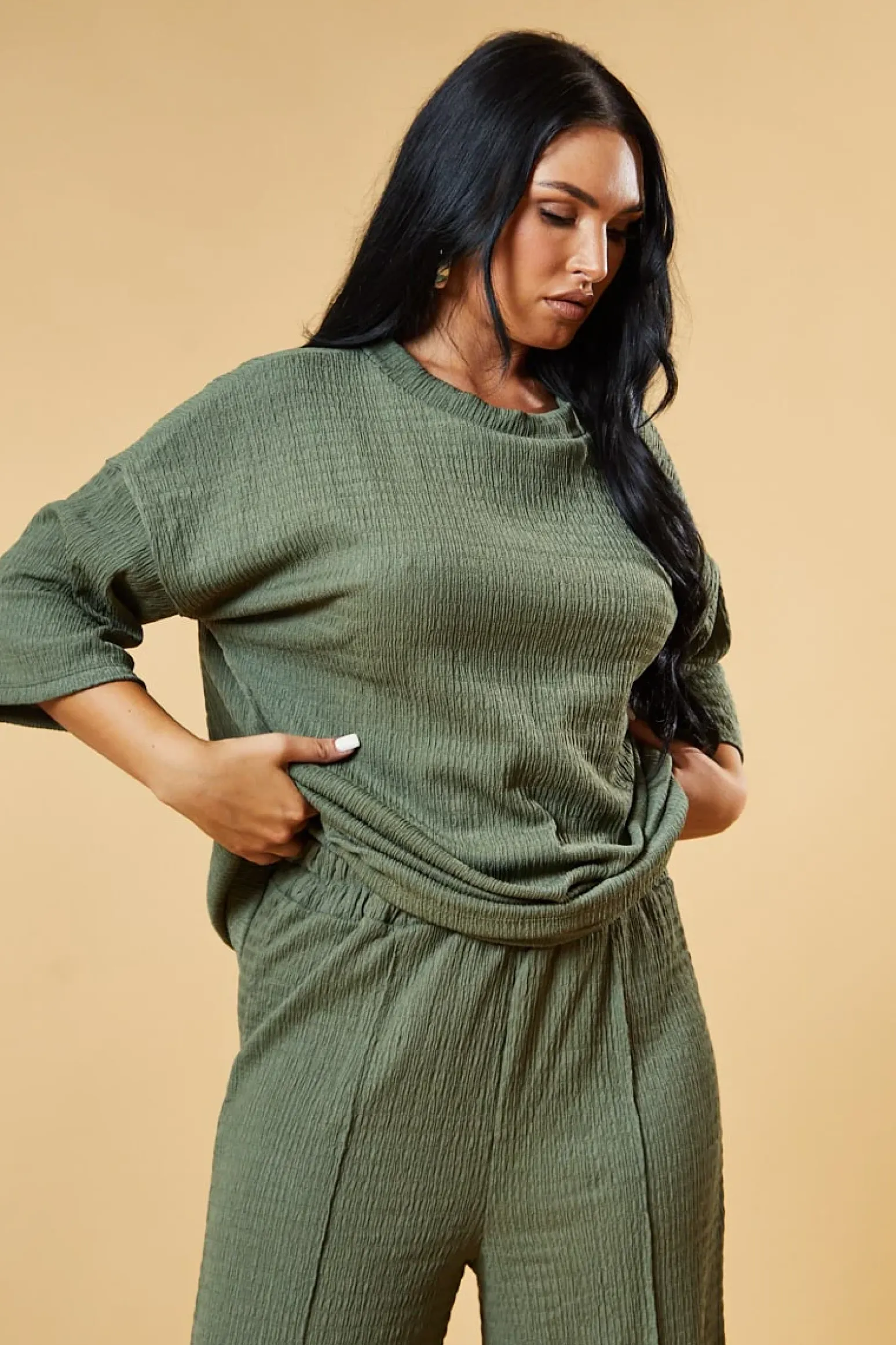 Rebellious Fashion Khaki Textured Knit Trousers & Oversized Top Co-ord Set - Cecelia