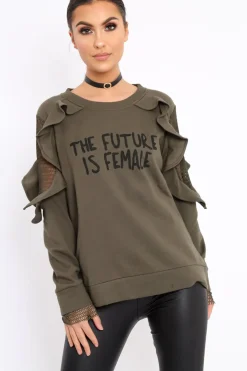 Rebellious Fashion Khaki The Future Is Female Fishnet Frill Jumper - Jaeonna