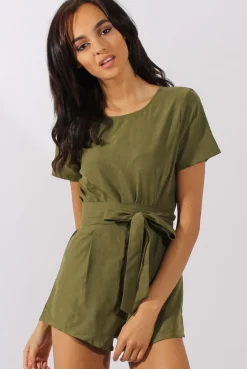 Rebellious Fashion Khaki Tie Back Playsuit - Lunah