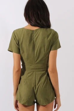 Rebellious Fashion Khaki Tie Back Playsuit - Lunah