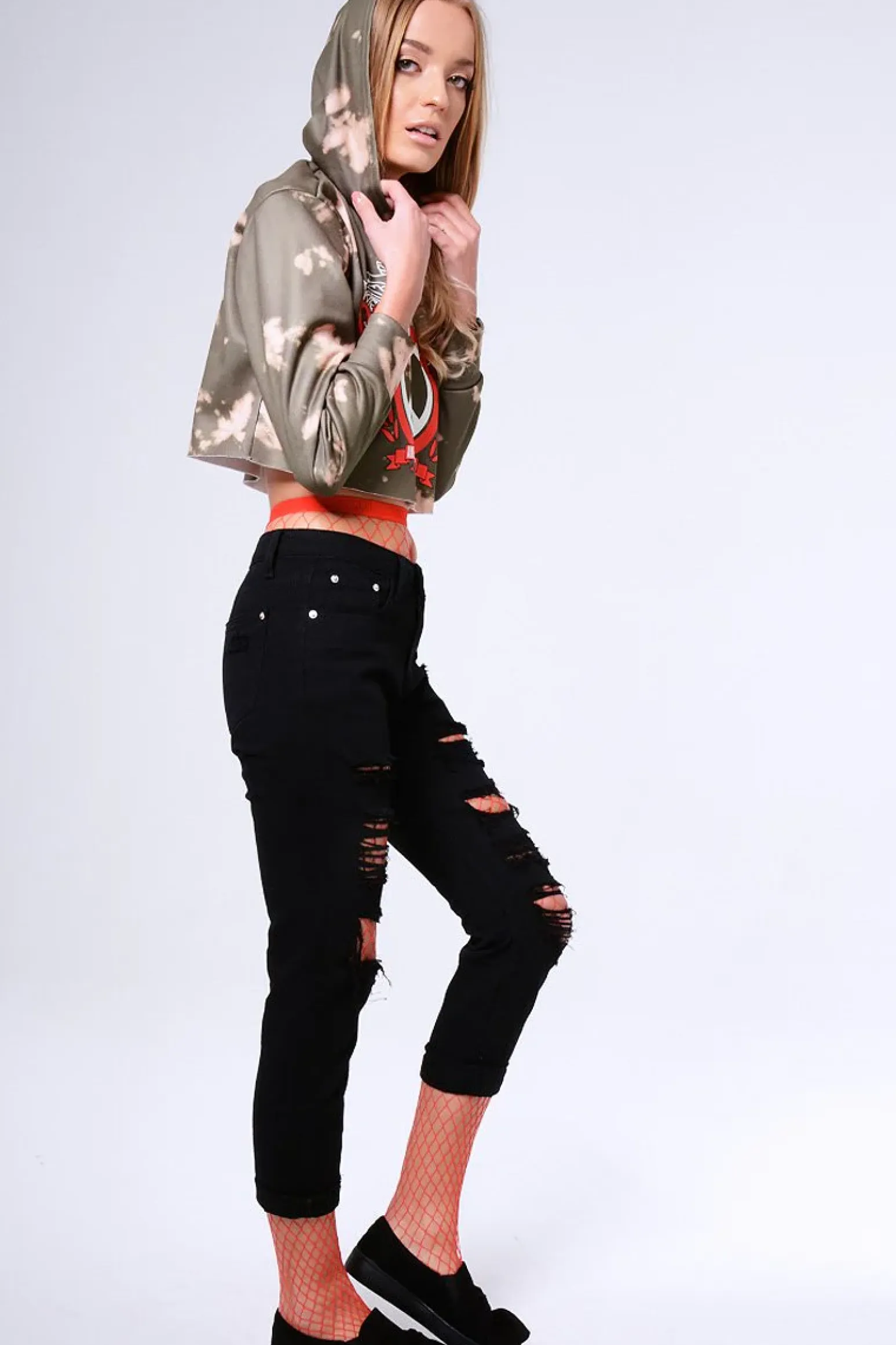 Rebellious Fashion Khaki Tie Dye Cropped Champion Graphic Hoodie - Lauren