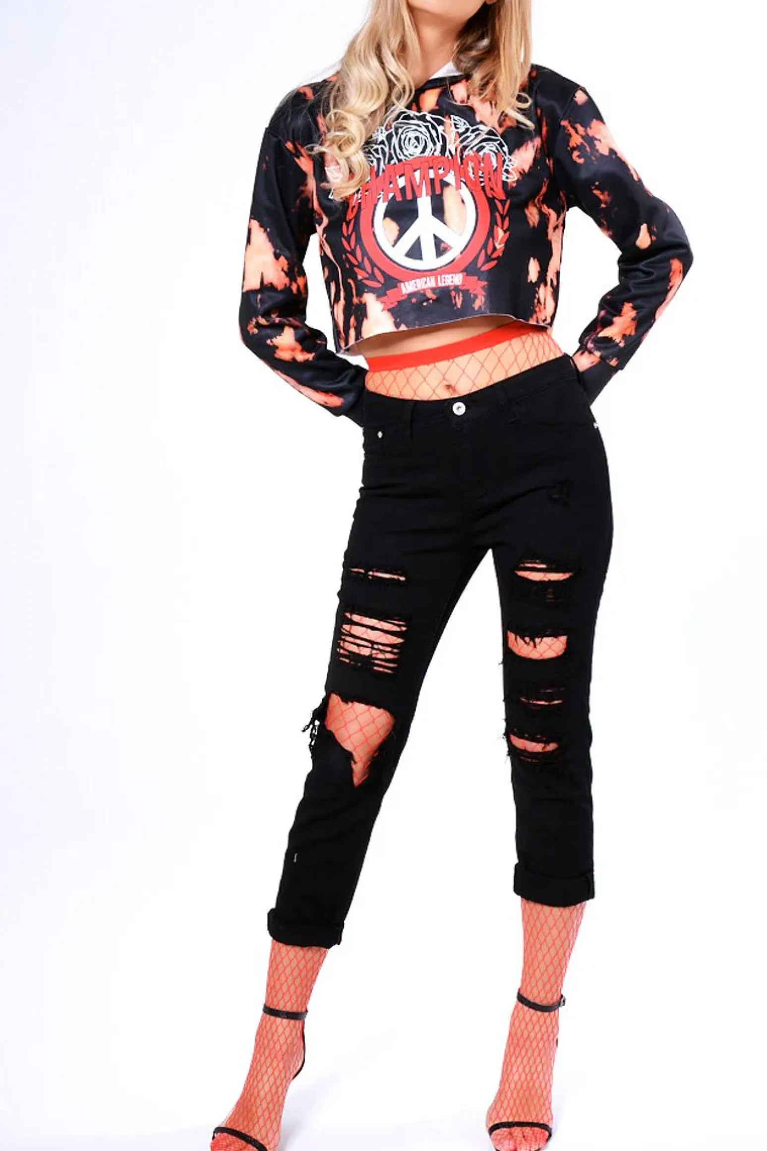 Rebellious Fashion Khaki Tie Dye Cropped Champion Graphic Hoodie - Lauren