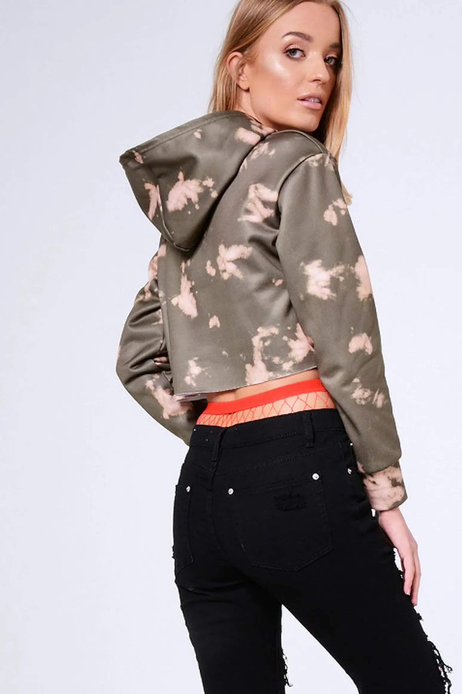 Rebellious Fashion Khaki Tie Dye Cropped Champion Graphic Hoodie - Lauren