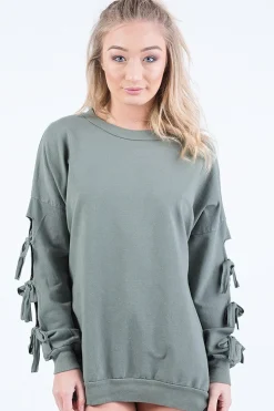 Rebellious Fashion Khaki Tie Sleeve Detail Jumper Dress - Gina