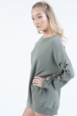 Rebellious Fashion Khaki Tie Sleeve Detail Jumper Dress - Gina