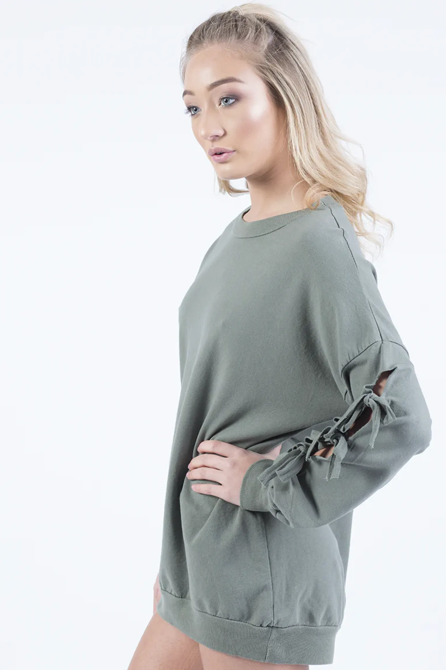 Rebellious Fashion Khaki Tie Sleeve Detail Jumper Dress - Gina