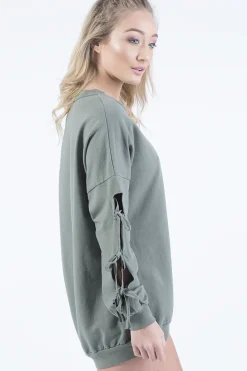 Rebellious Fashion Khaki Tie Sleeve Detail Jumper Dress - Gina