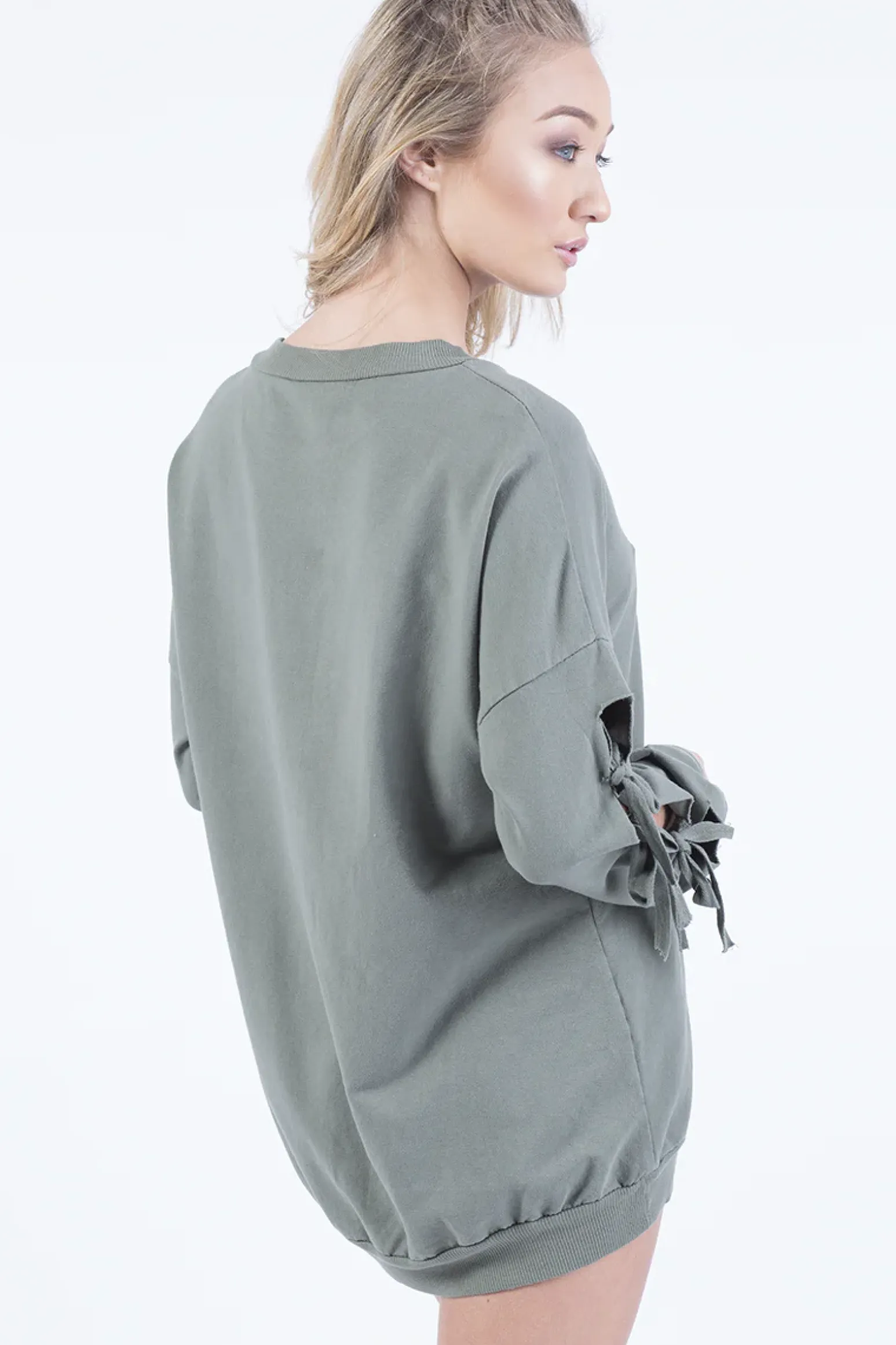 Rebellious Fashion Khaki Tie Sleeve Detail Jumper Dress - Gina