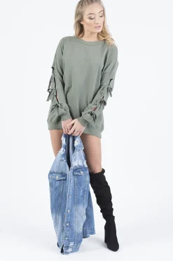 Rebellious Fashion Khaki Tie Sleeve Detail Jumper Dress - Gina