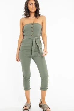 Rebellious Fashion Khaki Tie Waist Sleeveless Jumpsuit - Tamya