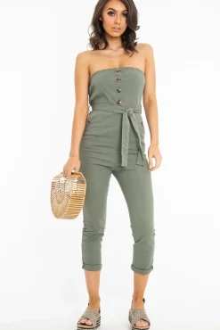 Rebellious Fashion Khaki Tie Waist Sleeveless Jumpsuit - Tamya