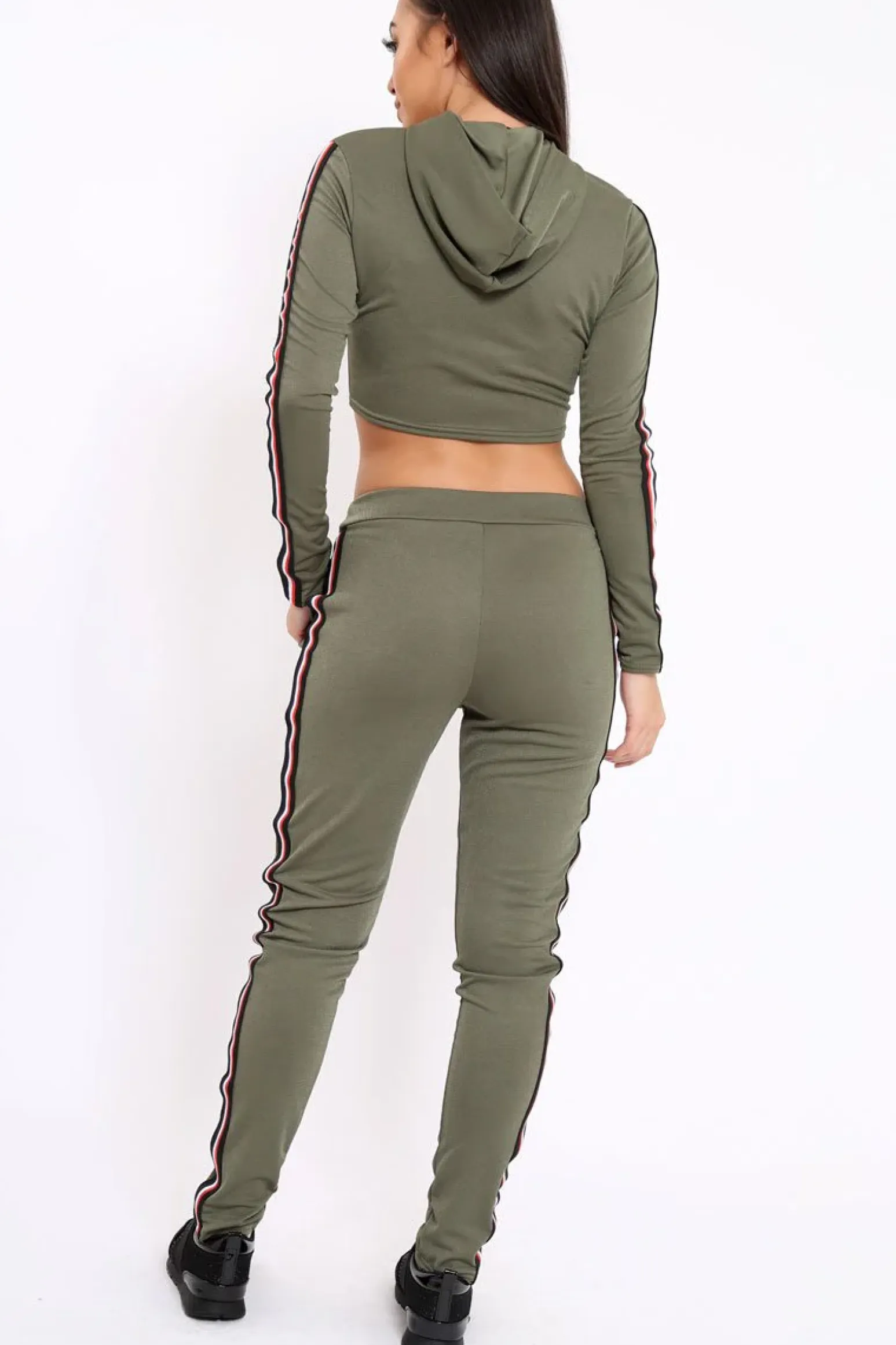 Rebellious Fashion Khaki Tracksuit with Red White and Black Side Stripe - Kasey