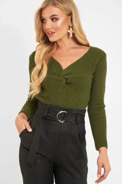 Rebellious Fashion Khaki Twist Front Knit Jumper - Pollyanna