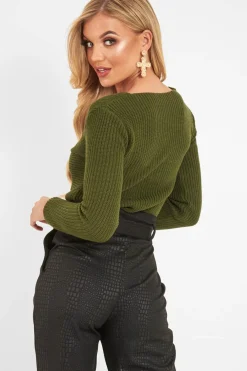 Rebellious Fashion Khaki Twist Front Knit Jumper - Pollyanna