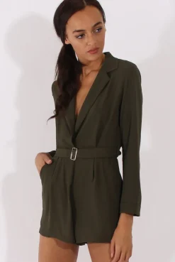 Rebellious Fashion Khaki Utility Belted Playsuit - Charlee