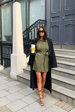 Rebellious Fashion Khaki Utility Belted Zip Front Shirt Dress - Meliyah