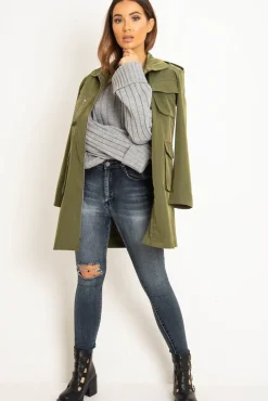 Rebellious Fashion Khaki Utility Belted Zip Front Shirt Dress - Meliyah