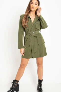 Rebellious Fashion Khaki Utility Belted Zip Front Shirt Dress - Meliyah