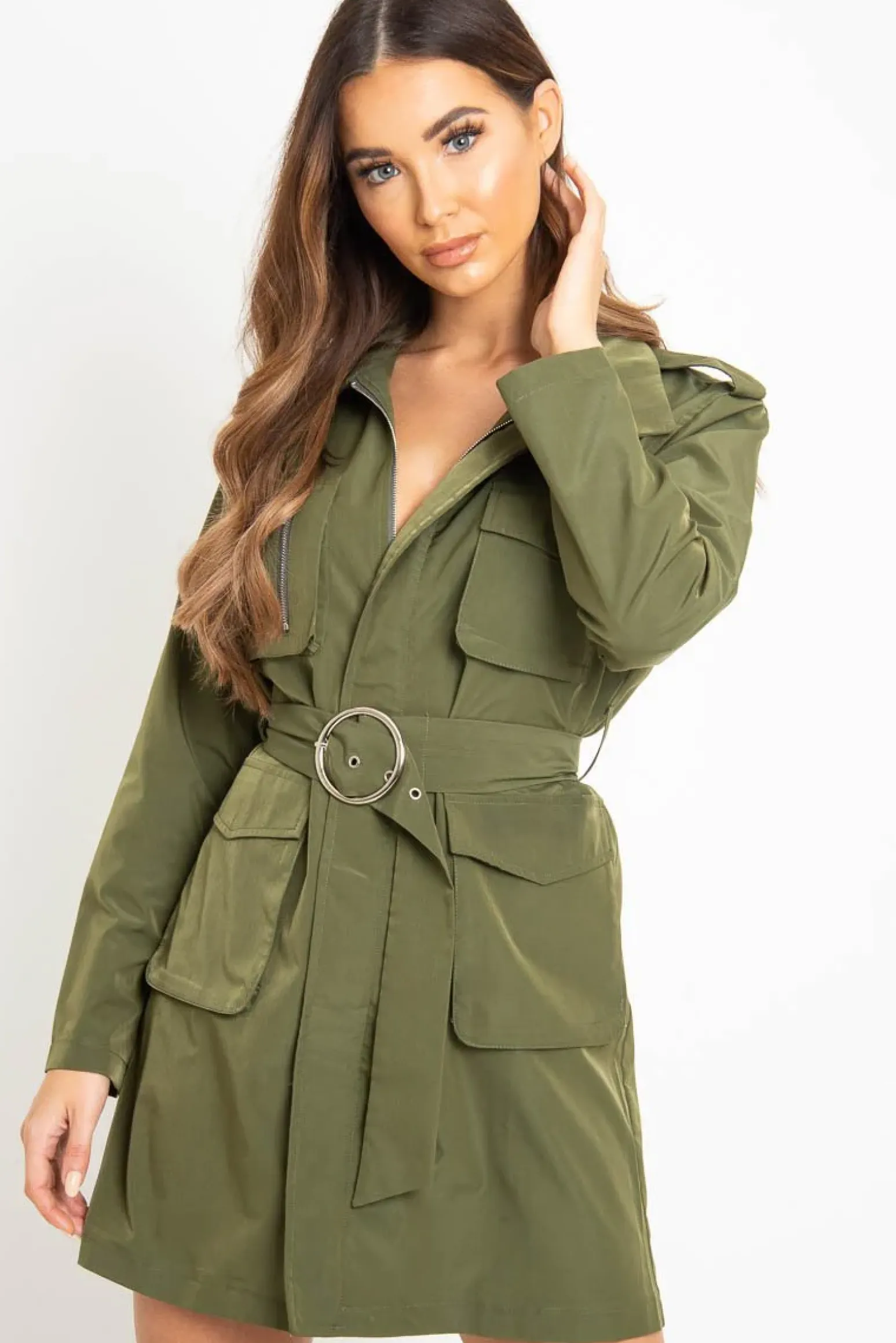 Rebellious Fashion Khaki Utility Belted Zip Front Shirt Dress - Meliyah