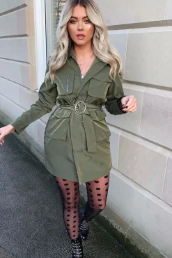 Rebellious Fashion Khaki Utility Belted Zip Front Shirt Dress - Meliyah
