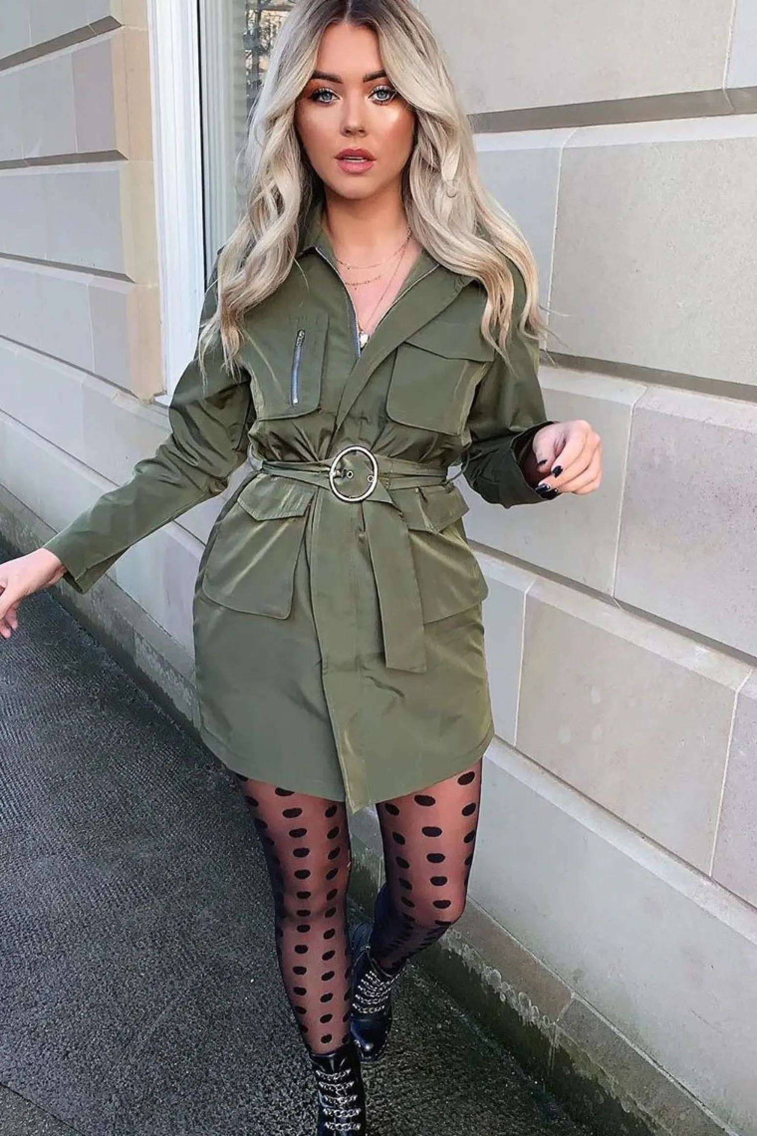 Rebellious Fashion Khaki Utility Belted Zip Front Shirt Dress - Meliyah