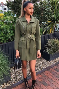 Rebellious Fashion Khaki Utility Belted Zip Front Shirt Dress - Meliyah