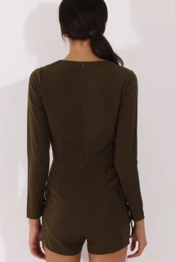 Rebellious Fashion Khaki Utility Plunge Playsuit - Bethan