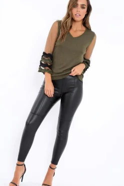 Rebellious Fashion Khaki V Neck Jumper with Mesh Ruffled Sleeves - Amirah