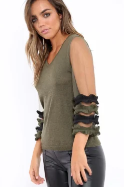 Rebellious Fashion Khaki V Neck Jumper with Mesh Ruffled Sleeves - Amirah