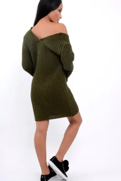 Rebellious Fashion Khaki V Neck Twist Knit Jumper Dress - Tilly
