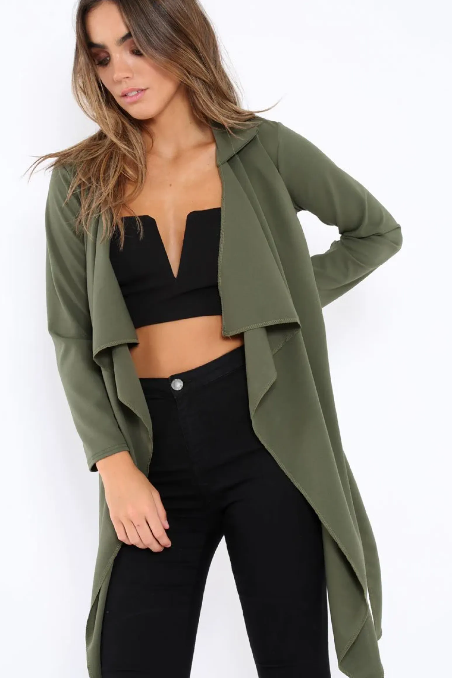 Rebellious Fashion Khaki Waterfall Frill Jacket - Bexley