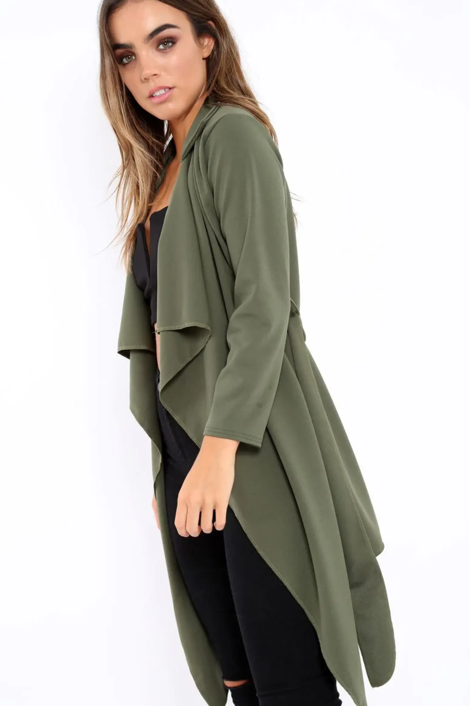 Rebellious Fashion Khaki Waterfall Frill Jacket - Bexley