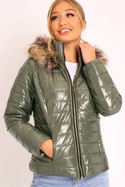 Rebellious Fashion Khaki Wet Look Puffer Coat - Soph