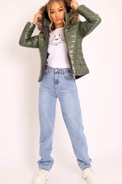 Rebellious Fashion Khaki Wet Look Puffer Coat - Soph