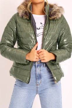 Rebellious Fashion Khaki Wet Look Puffer Coat - Soph