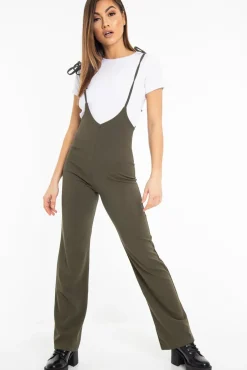 Rebellious Fashion Khaki White T-Shirt Underlay Scoop Jumpsuit - Fern