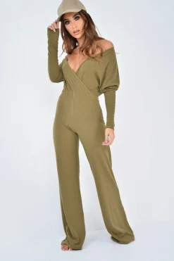 Rebellious Fashion Khaki Wide Leg Rib Plunge Jersey Jumpsuit - Tarlia
