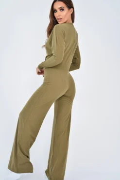 Rebellious Fashion Khaki Wide Leg Rib Plunge Jersey Jumpsuit - Tarlia