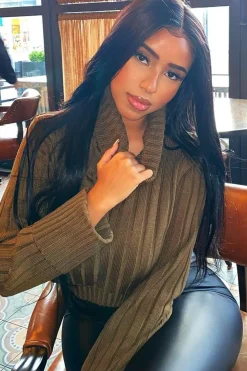 Rebellious Fashion Khaki Wide Rib Roll Neck Jumper - Joyanna