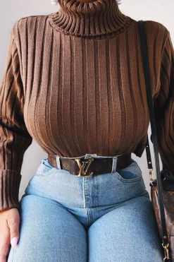 Rebellious Fashion Khaki Wide Rib Roll Neck Jumper - Joyanna