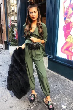 Rebellious Fashion Khaki Woven Button Down Boiler Jumpsuit - Janise