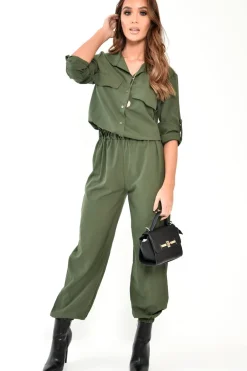 Rebellious Fashion Khaki Woven Button Down Boiler Jumpsuit - Janise