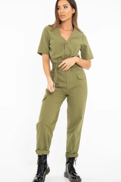 Rebellious Fashion Khaki Woven Button Front Belted Jumpsuit - Suzanna